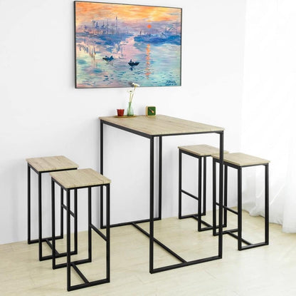 Ensemble de table de bar haute avec 4 tabourets en bois struture en métal noir repose-pieds 100X60XH89CM ET 40X30XH60CM