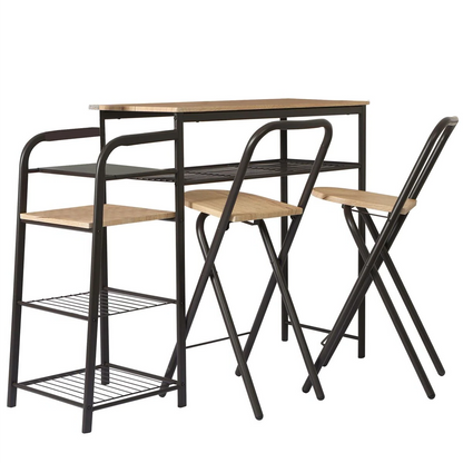 Ensemble de table de bar 5 étagères avec 2 tabourets pliable en bois avec struture en métal noir