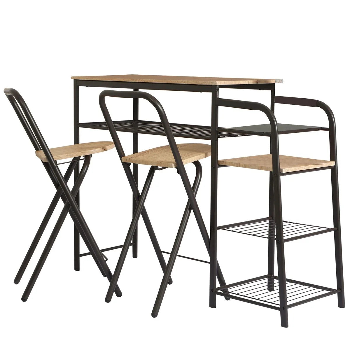 Ensemble de table de bar 5 étagères avec 2 tabourets pliable en bois avec struture en métal noir