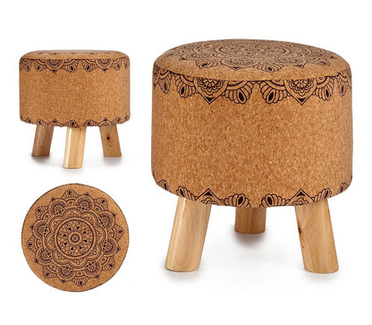 TABOURET REMBOURRE POUF MANDALA MARRON POUF LIEGE ROND 3 PATES BOIS MANDALA REPOSE PIEDS POUF REMBOURRE 28X28X28CM