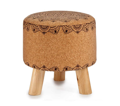 TABOURET REMBOURRE POUF MANDALA MARRON POUF LIEGE ROND 3 PATES BOIS MANDALA REPOSE PIEDS POUF REMBOURRE 28X28X28CM