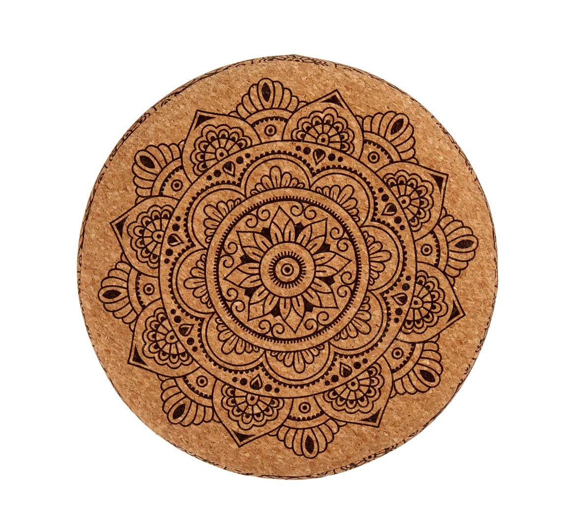 TABOURET REMBOURRE POUF MANDALA MARRON POUF LIEGE ROND 3 PATES BOIS MANDALA REPOSE PIEDS POUF REMBOURRE 28X28X28CM