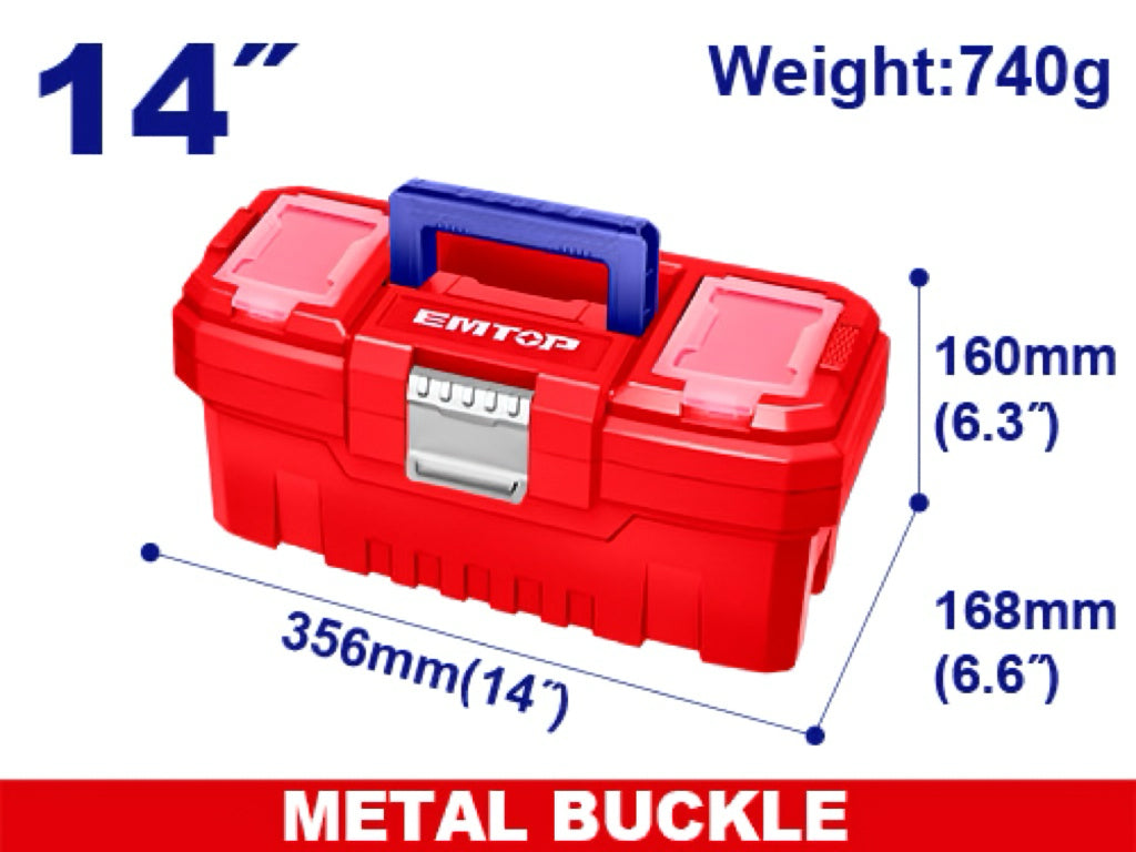 Boîte à outils en plastique EMTOP 14" Charge maximale 10Kg Boucle en métal Poignée haute résistance Couvercle supérieur avec trois zones de rangement Contient 1 plateau en plastique