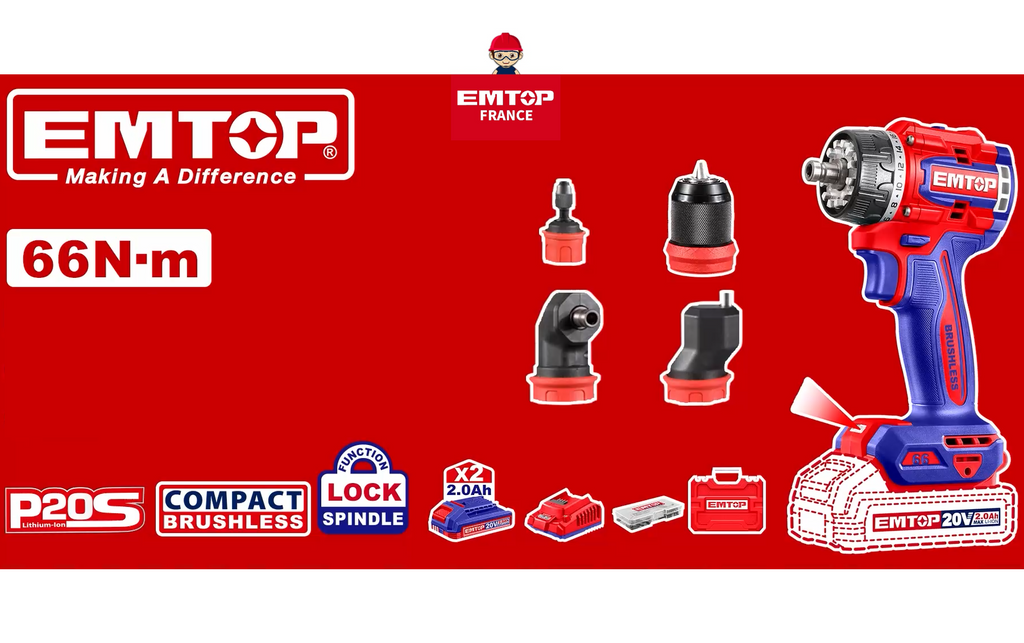 Kit perceuse-visseuse sans fil 20 V Brushless multifonction à têtes interchangeables – EMTOP