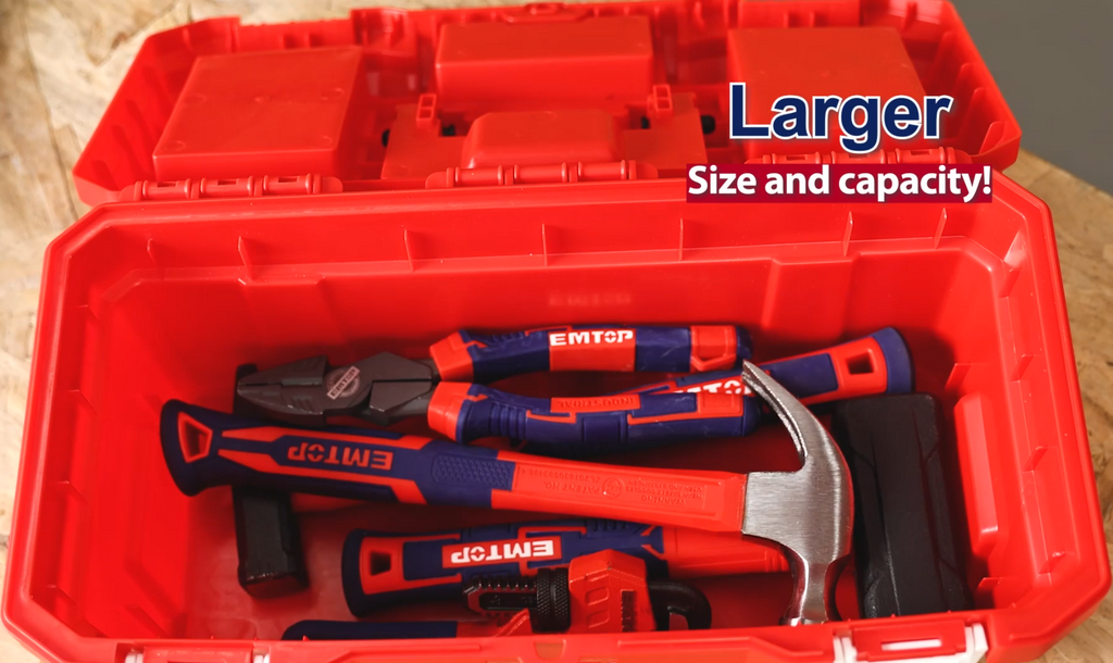 Boîte à outils en plastique EMTOP 17" Charge maximale 15Kg Boucle en métal Poignée haute résistance Couvercle supérieur avec trois zones de rangement Contient 1 plateau en plastique