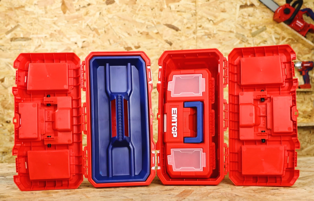 Boîte à outils en plastique EMTOP 14" Charge maximale 10Kg Boucle en métal Poignée haute résistance Couvercle supérieur avec trois zones de rangement Contient 1 plateau en plastique
