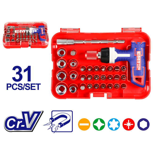 EMTOP 30 embouts + 1 Tournevis à cliquet multifonction à poignée en T Hover Image