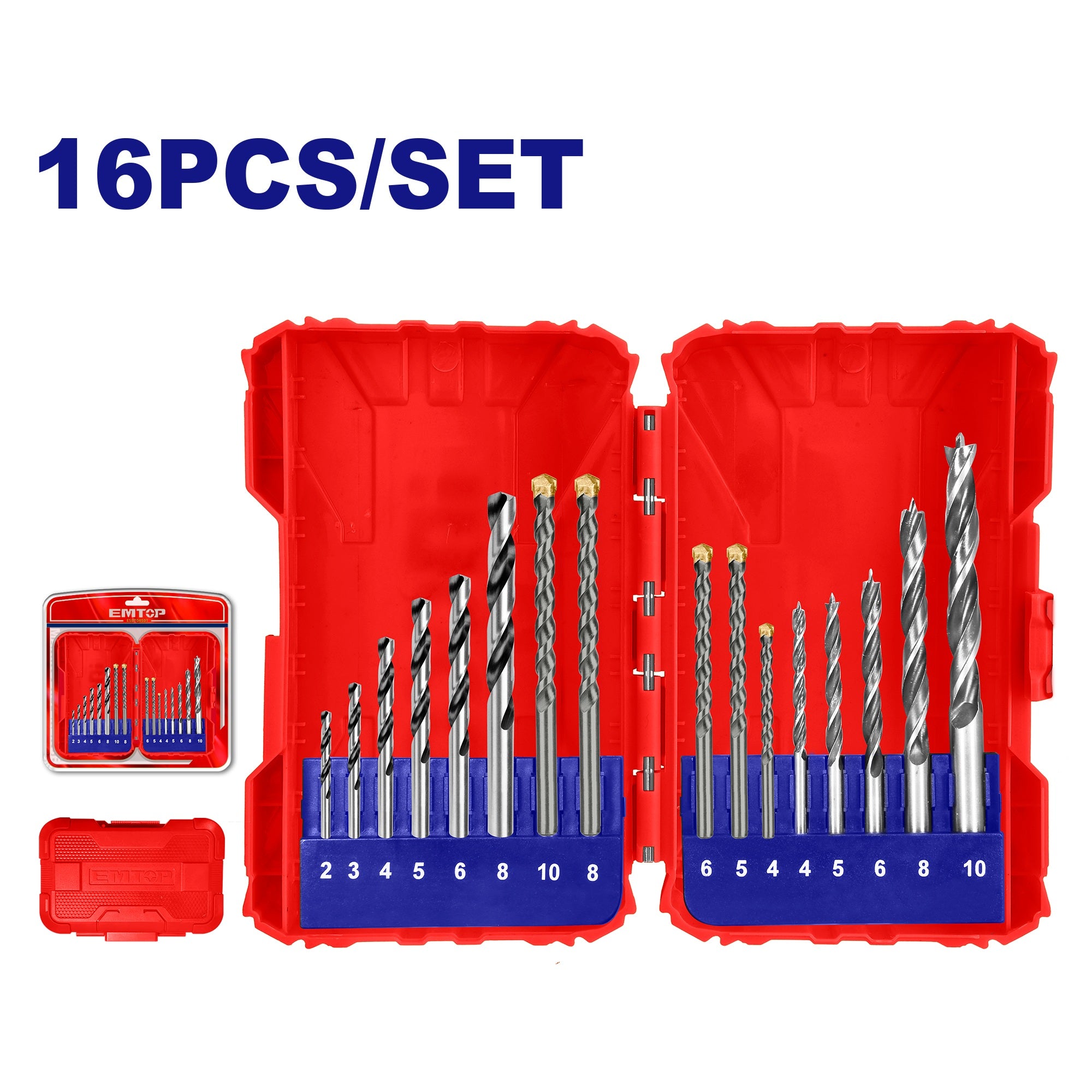 Jeu de 16 forets pour bois, maçonnerie et métal EMTOP