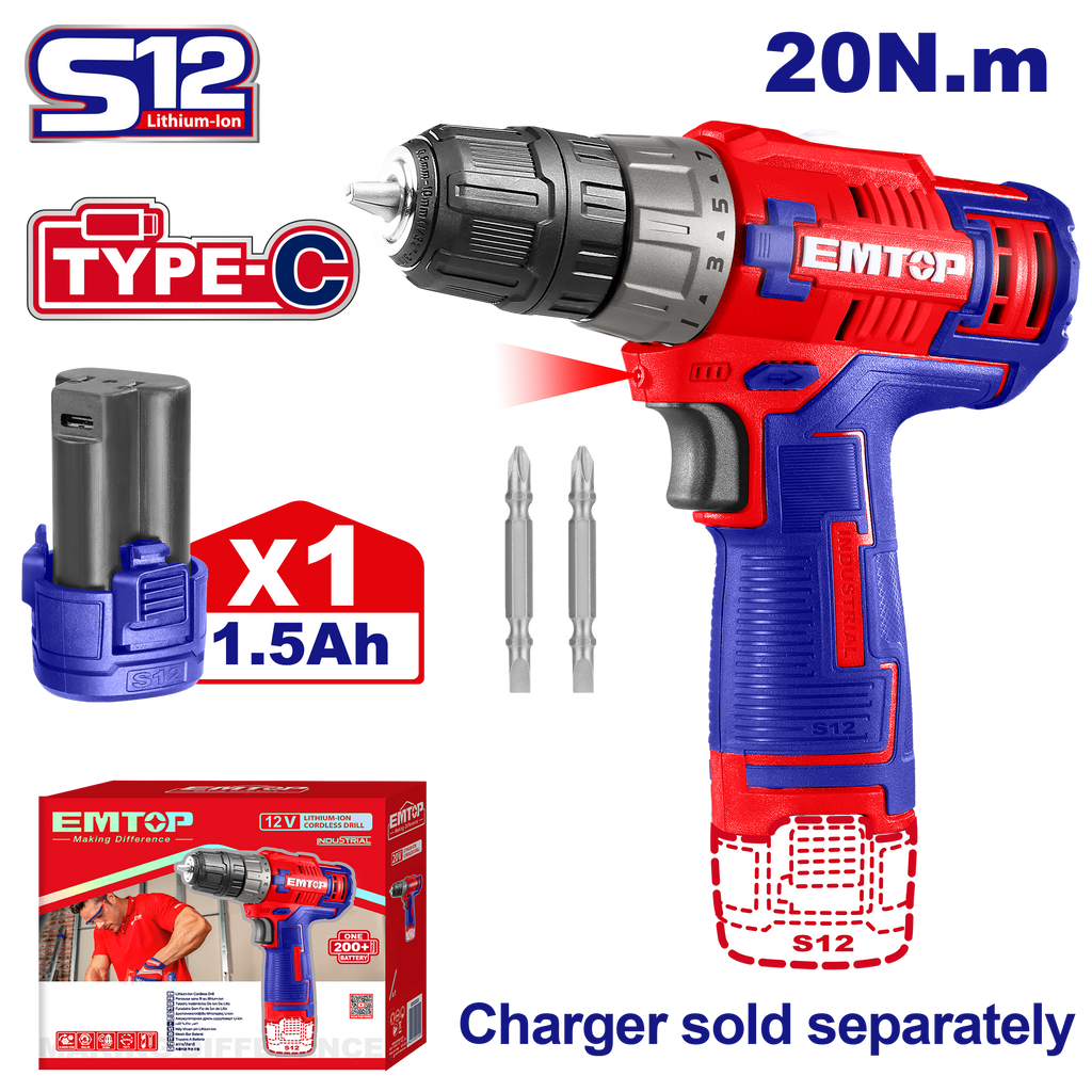 Perceuse visseuse sans fil 20Nm 12V EMTOP avec 1 Batterie 1.5Ah USB type-C Chargeur vendu séparément