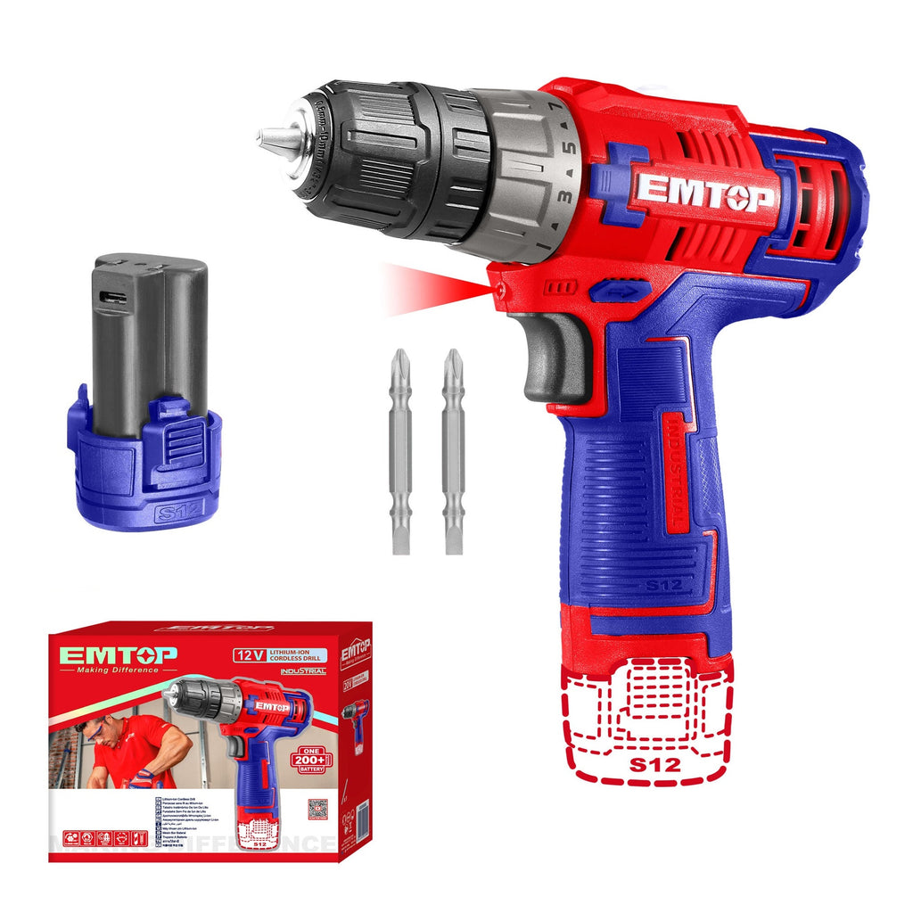 Perceuse visseuse sans fil 20Nm 12V EMTOP avec 1 Batterie 1.5Ah USB type-C Chargeur vendu séparément