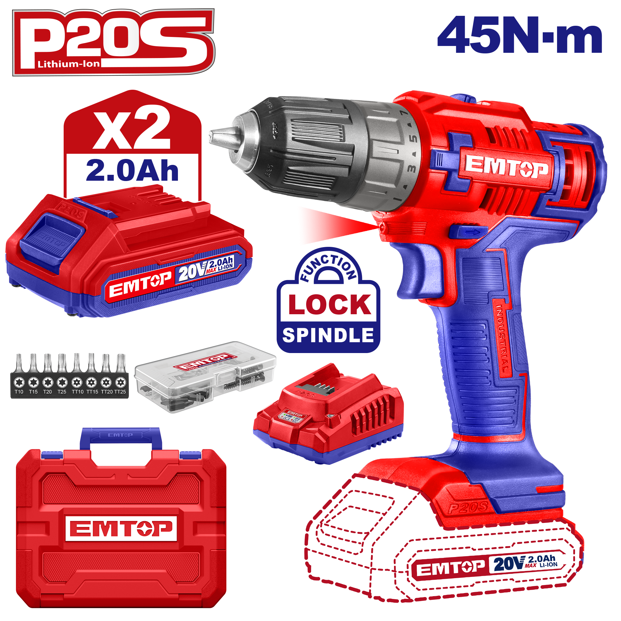 Perceuse visseuse sans fil 45Nm 20V EMTOP 1 chargeur + 2 Batteries 2.0Ah