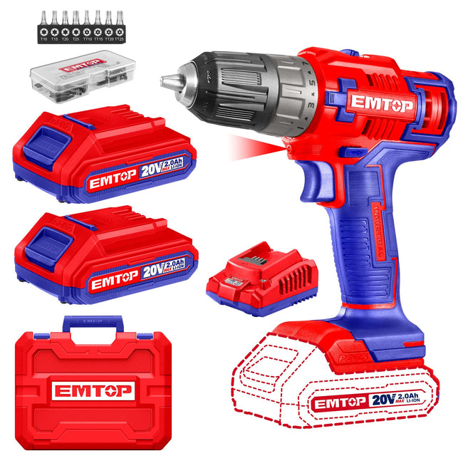 Perceuse visseuse sans fil 45Nm 20V EMTOP 1 chargeur + 2 Batteries 2.0Ah Hover Image