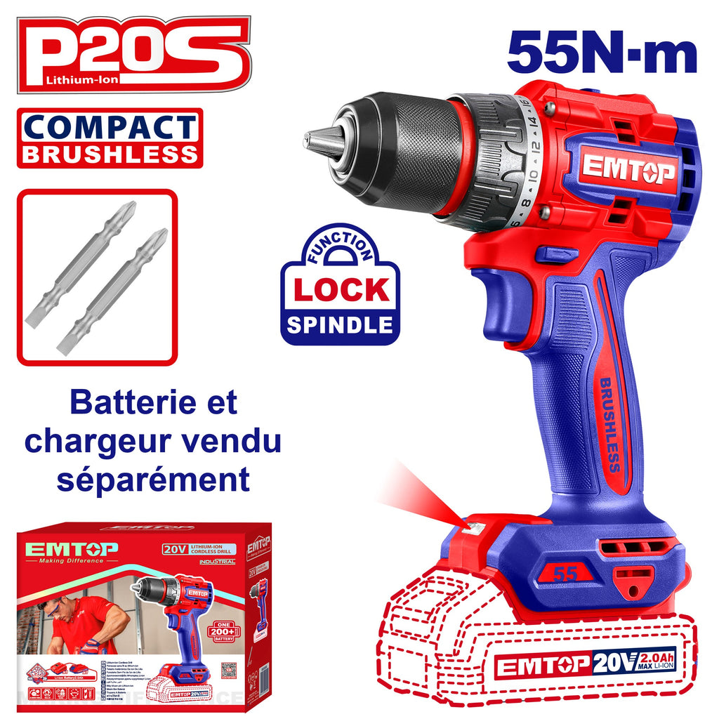 Perceuse visseuse compacte Brushless sans fil 55Nm 20V EMTOP batterie et chargeur vendus séparément
