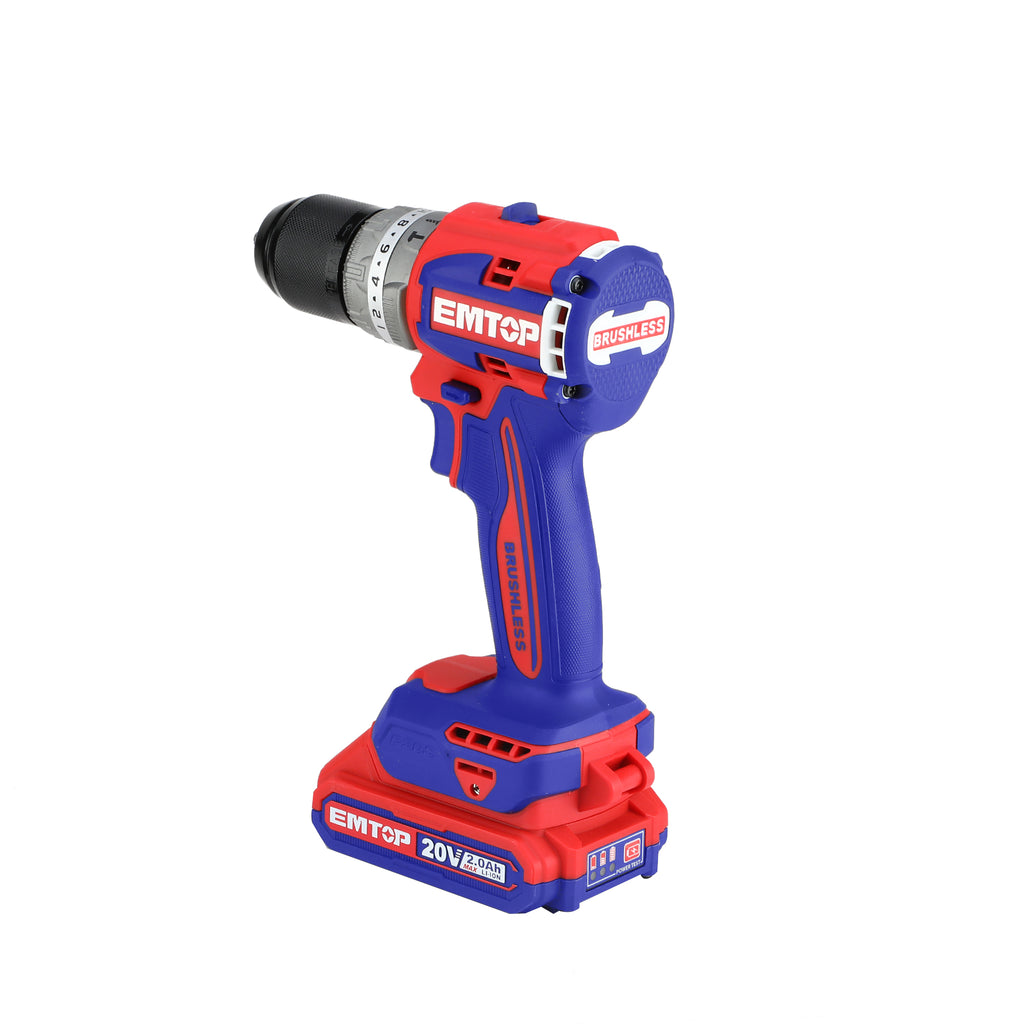 Perceuse visseuse compacte Brushless sans fil 60Nm 20V EMTOP avec 2 batterie 2,0Ah + 1 chargeur