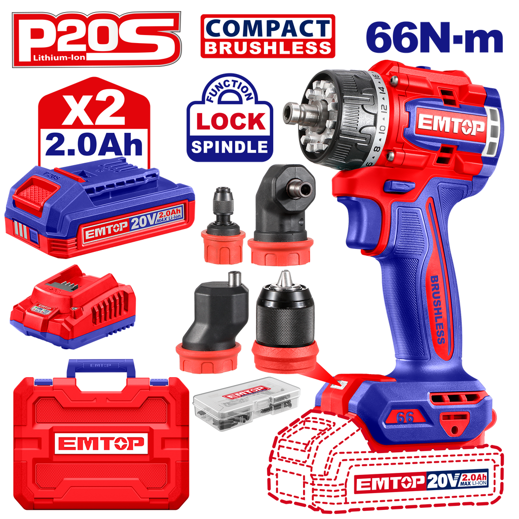 Kit perceuse visseuse multifonction sans fil 20V EMTOP – Brushless, 66 Nm, 4 têtes interchangeables