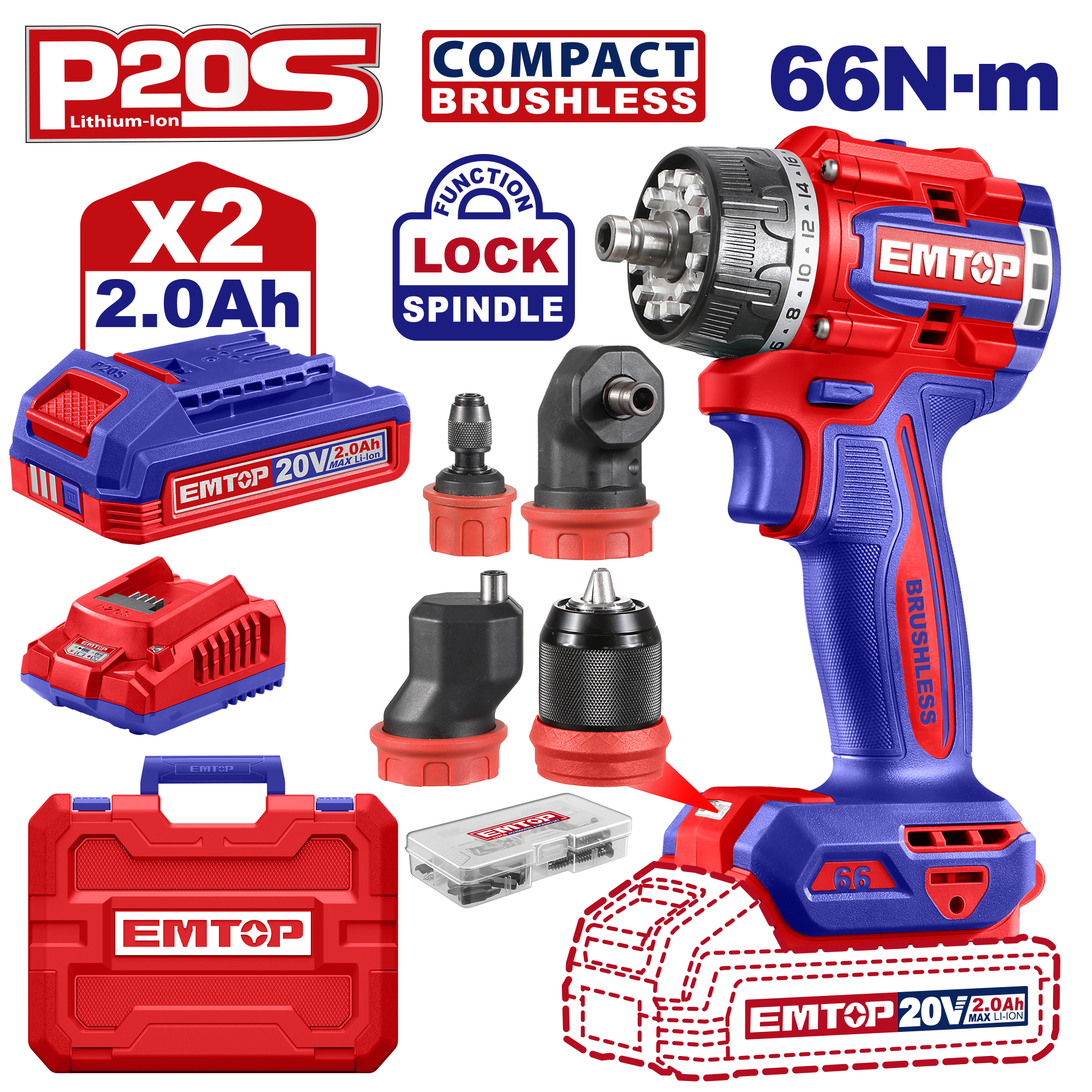 Kit perceuse visseuse multifonction sans fil 20V EMTOP – Brushless, 66 Nm, 4 têtes interchangeables
