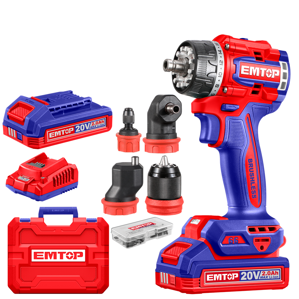 Kit perceuse-visseuse sans fil 20 V Brushless multifonction à têtes interchangeables – EMTOP