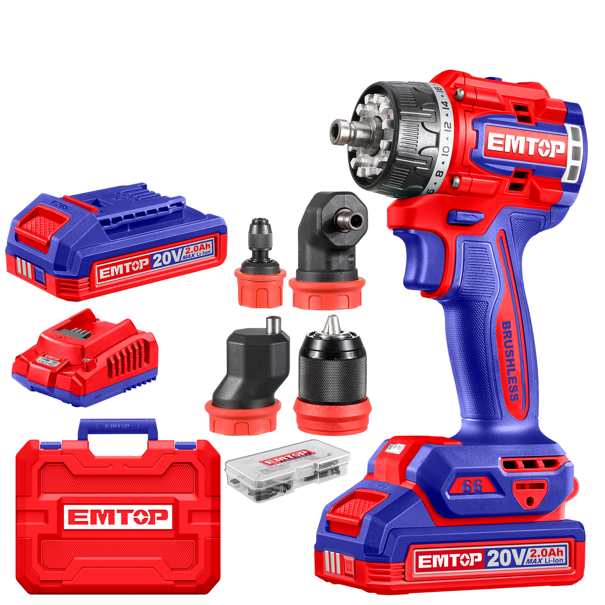 Kit perceuse-visseuse sans fil 20 V Brushless multifonction à têtes interchangeables – EMTOP