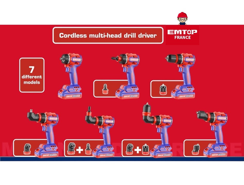 Kit perceuse-visseuse sans fil 20 V Brushless multifonction à têtes interchangeables – EMTOP