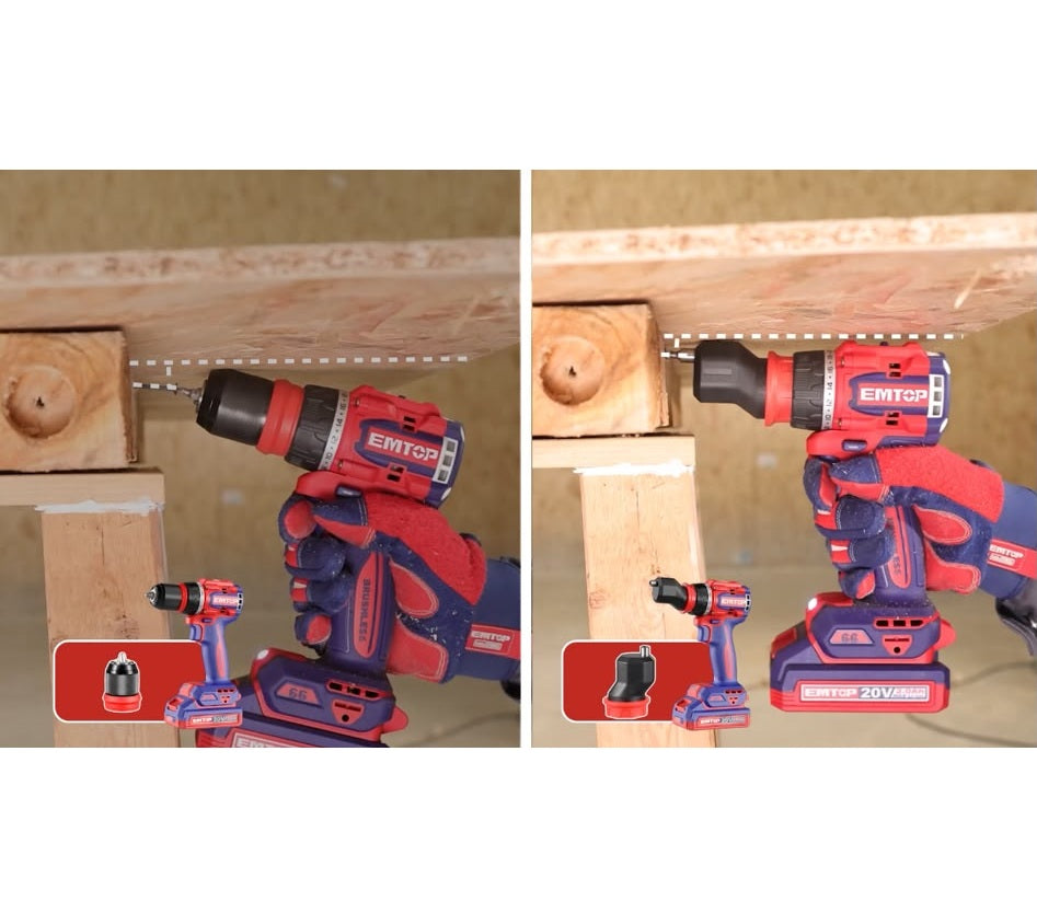 Kit perceuse visseuse multifonction sans fil 20V EMTOP – Brushless, 66 Nm, 4 têtes interchangeables