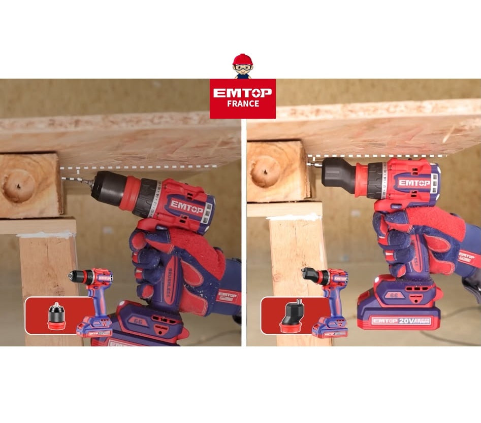 Kit perceuse-visseuse sans fil 20 V Brushless multifonction à têtes interchangeables – EMTOP