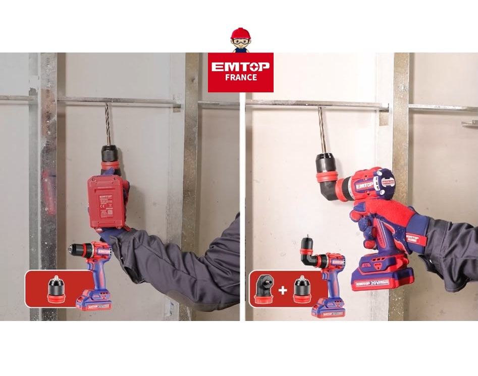 Kit perceuse-visseuse sans fil 20 V Brushless multifonction à têtes interchangeables – EMTOP