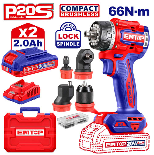 Kit perceuse visseuse multifonction sans fil 20V EMTOP – Brushless, 66 Nm, 4 têtes interchangeables