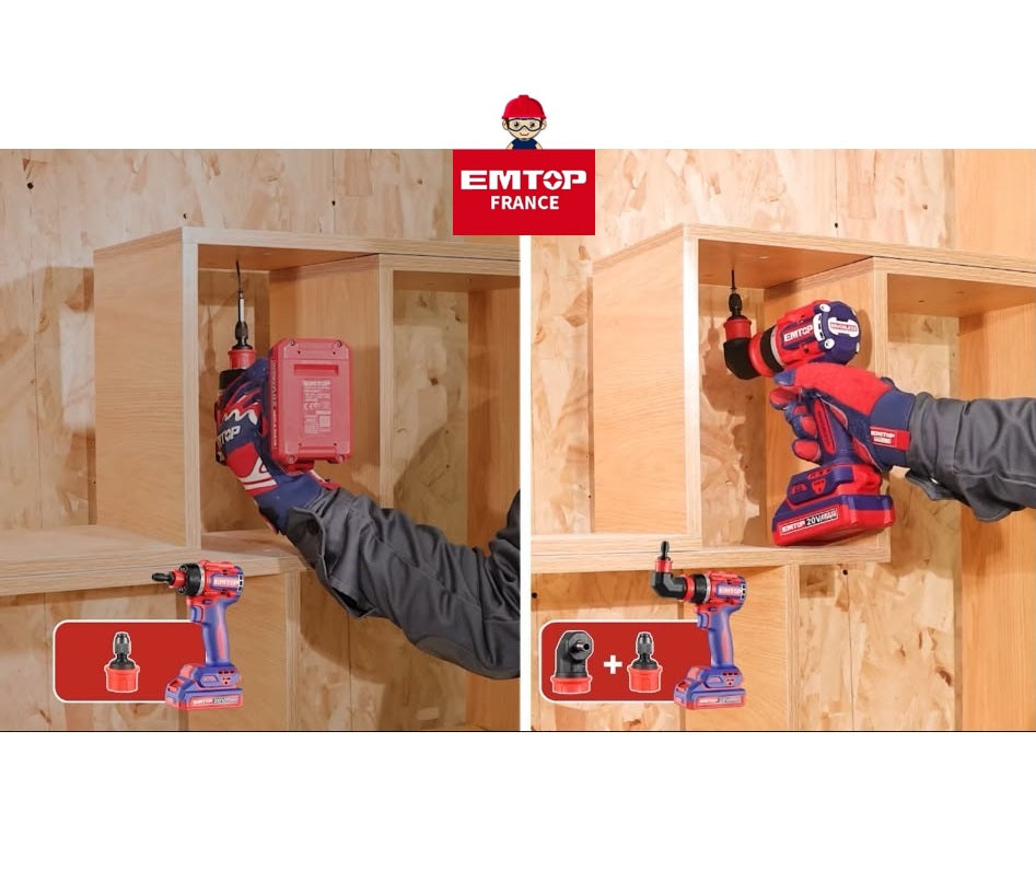 Kit perceuse-visseuse sans fil 20 V Brushless multifonction à têtes interchangeables – EMTOP
