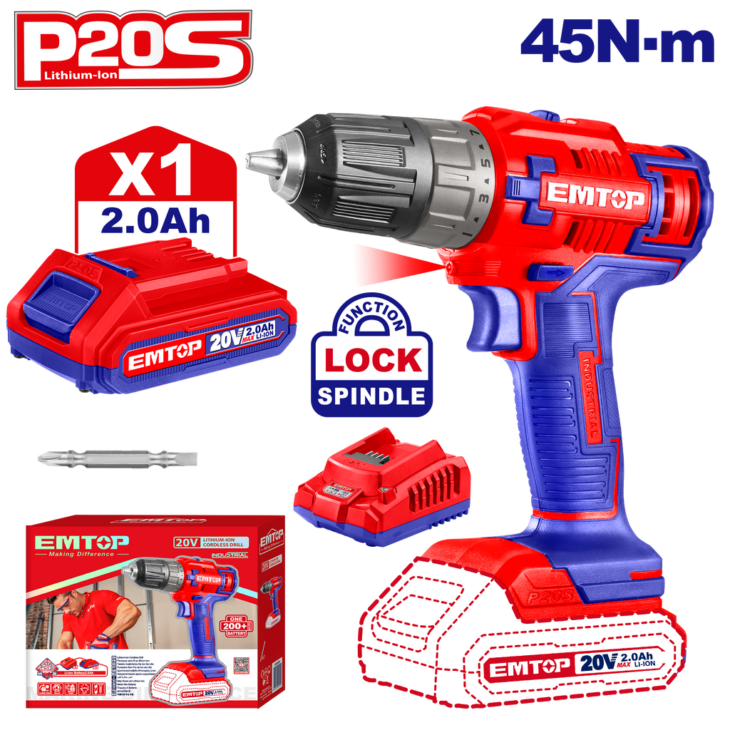 Perceuse visseuse sans fil 45Nm 20V EMTOP 1 chargeur + 1 Batterie 2.0Ah