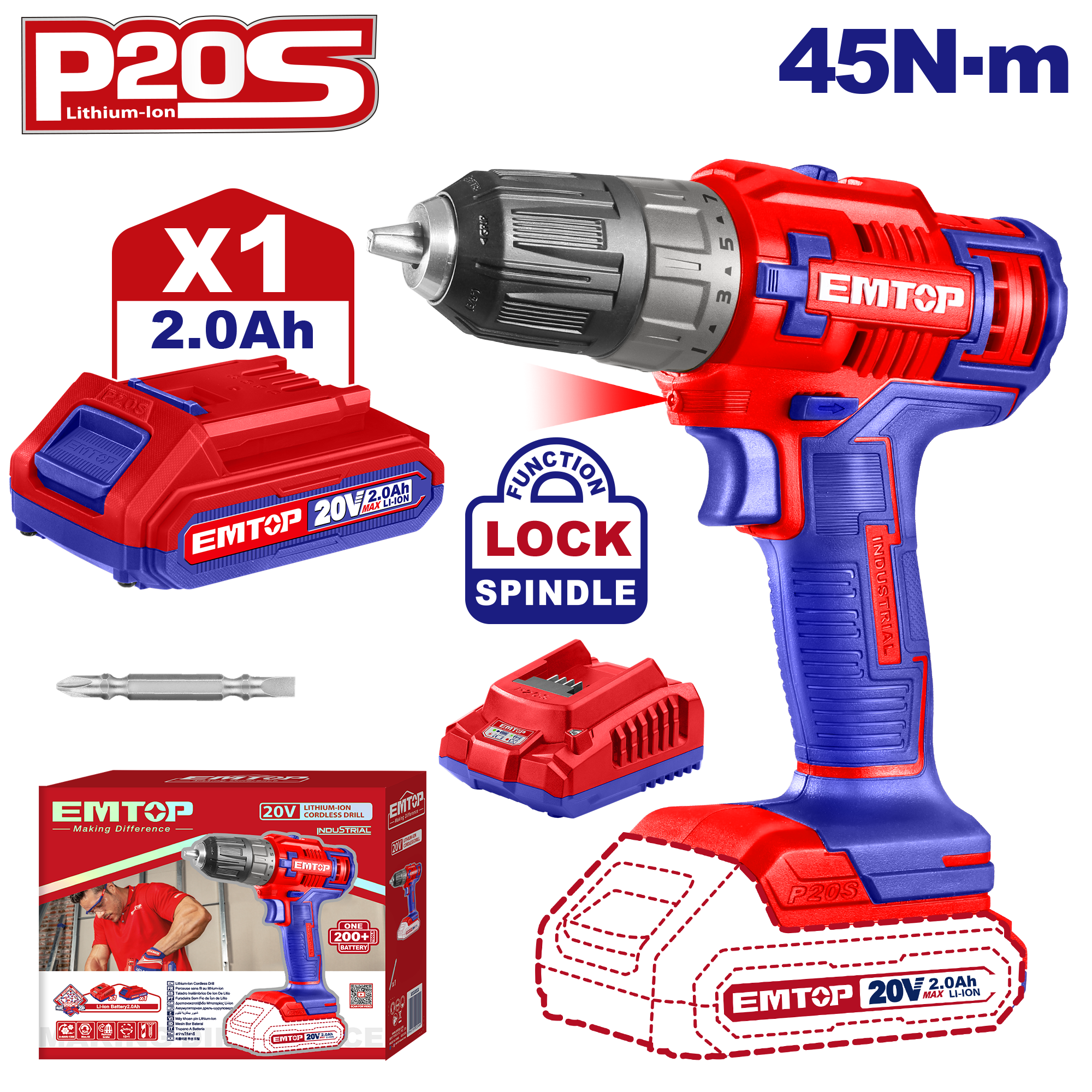 Perceuse visseuse sans fil 45Nm 20V EMTOP 1 chargeur + 1 Batterie 2.0Ah