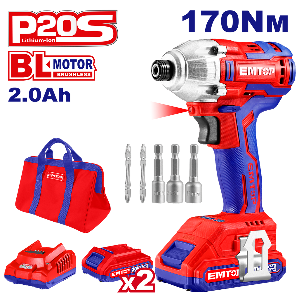 Visseuse à chocs 170Nm sans fil 20V EMTOP 1 chargeur + 2 batteries 2.0Ah