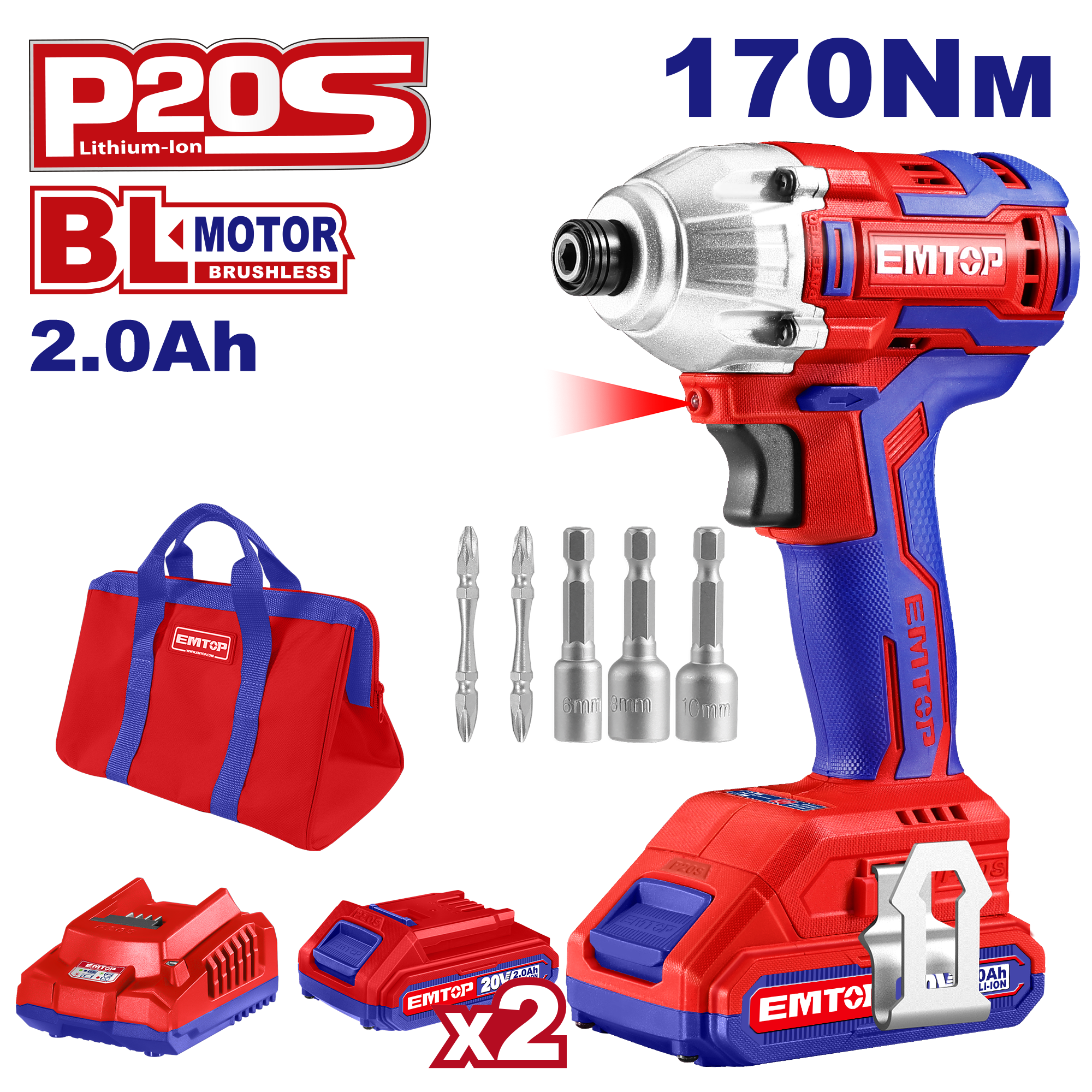Visseuse à chocs 170Nm sans fil 20V EMTOP 1 chargeur + 2 batteries 2.0Ah