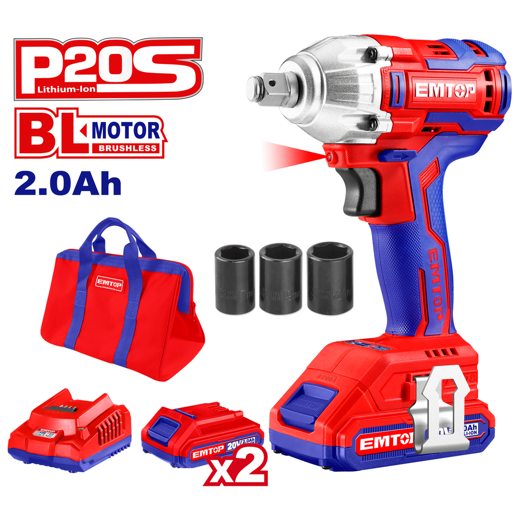 Kit clé à chocs sans fil 20V 300Nm EMTOP 1 chargeur + 2 Batteries 2.0Ah