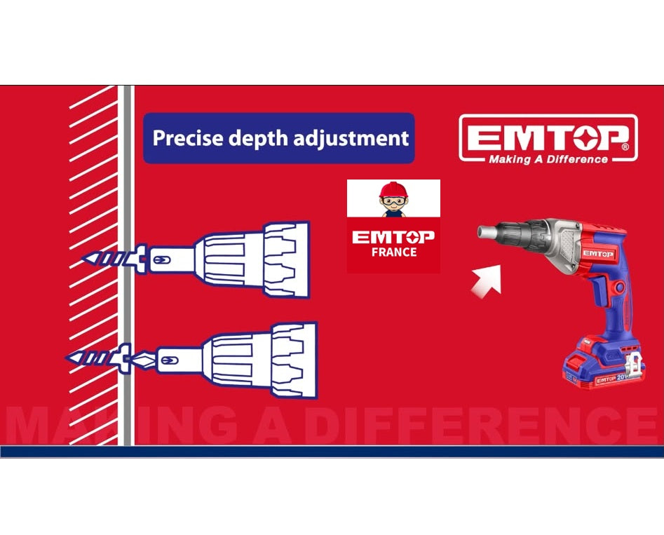 Visseuse de plaquiste sans fil 20V EMTOP – Brushless, Batterie et chargeur vendus séparément