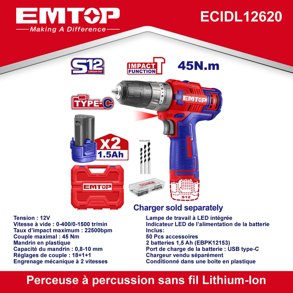 Perceuse visseuse à percussion sans Fil 45Nm 12V EMTOP avec 2 Batteries 1.5Ah USB type-C Chargeur vendu séparément