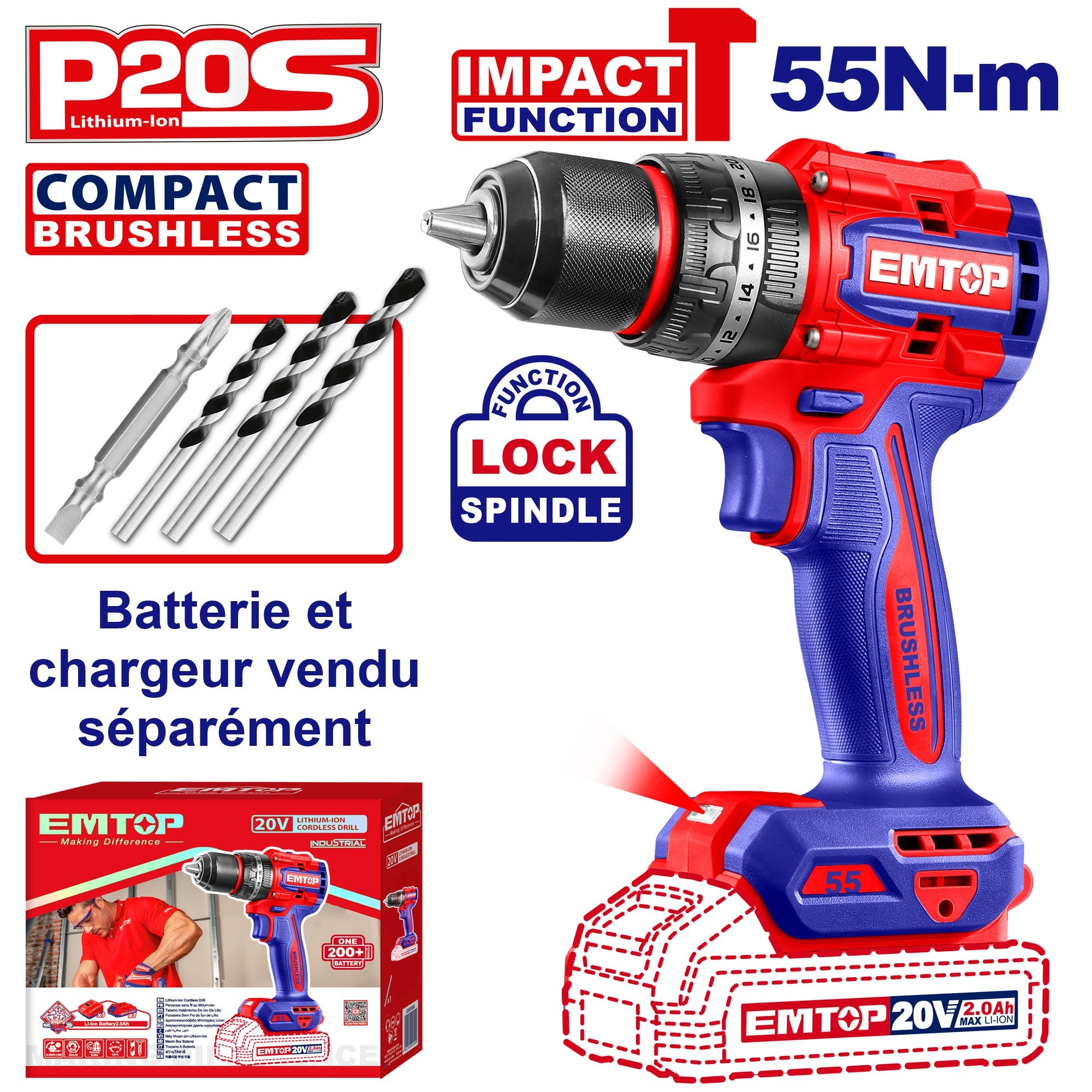 Perceuse à percussion compacte Brushless sans fil 55Nm 20V EMTOP batterie et chargeur vendus séparément