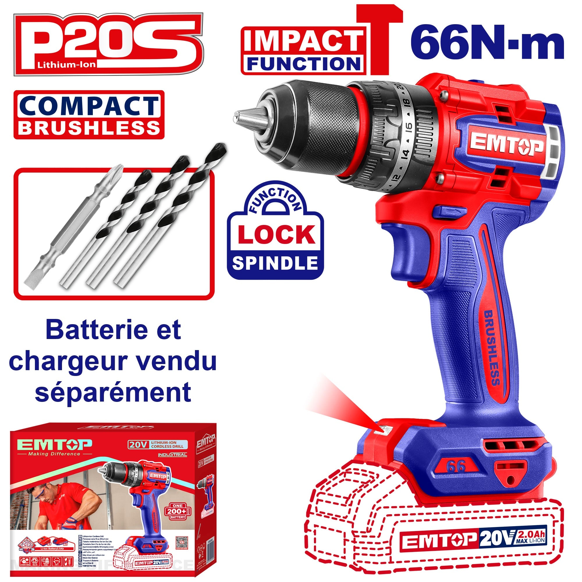 Perceuse à percussion compacte Brushless sans fil 66Nm 20V EMTOP batterie et chargeur vendus séparément
