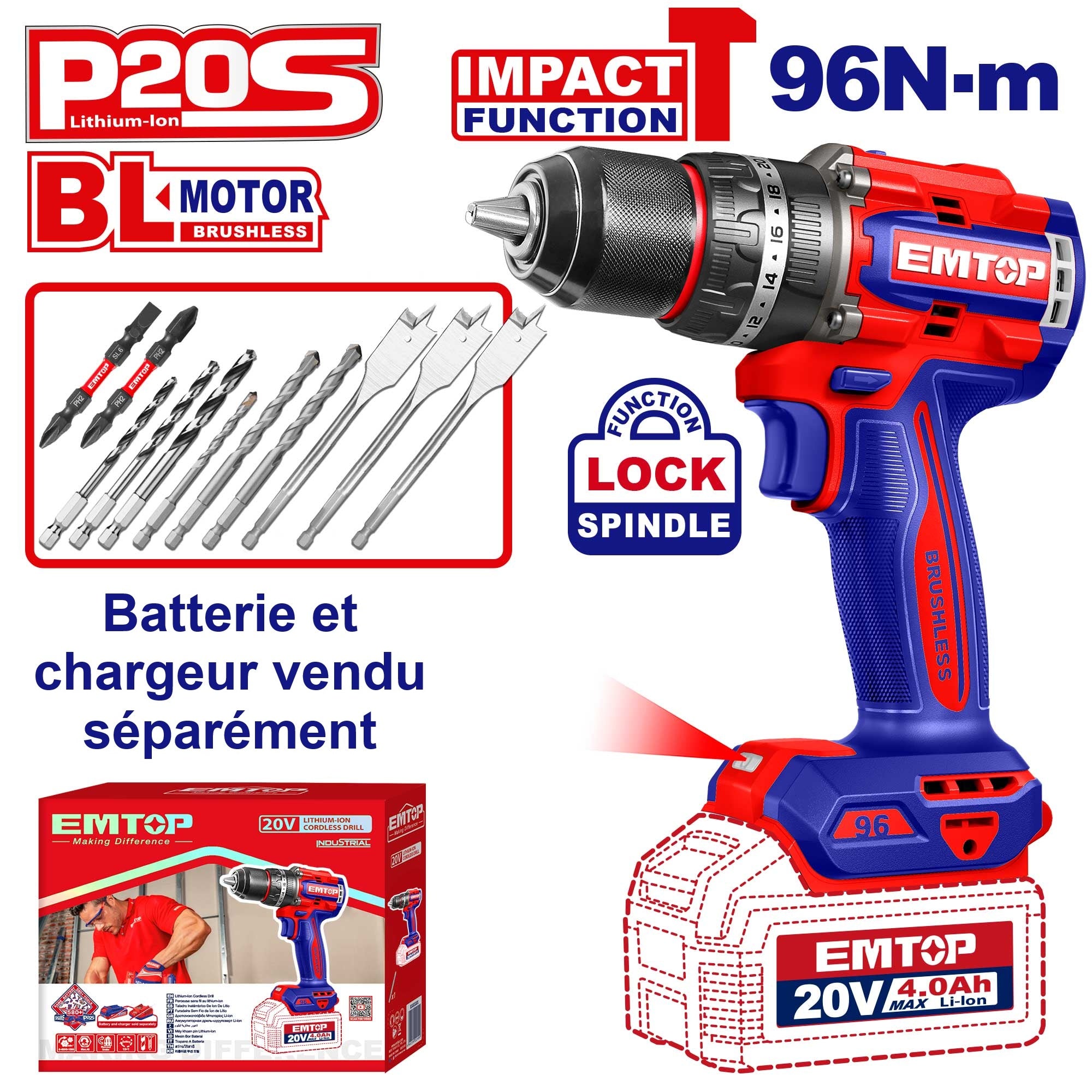 Perceuse à percussion sans fil 96Nm 20V EMTOP batterie et chargeur vendus séparément