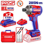 Coffret visseuse à chocs Brushless 285 Nm Sans Fil 20V EMTOP – Porte-embout 1/4", 2 Batteries 2.0Ah + Chargeur