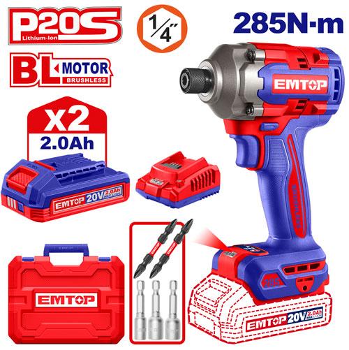 Coffret visseuse à chocs Brushless 285 Nm Sans Fil 20V EMTOP – Porte-embout 1/4", 2 Batteries 2.0Ah + Chargeur