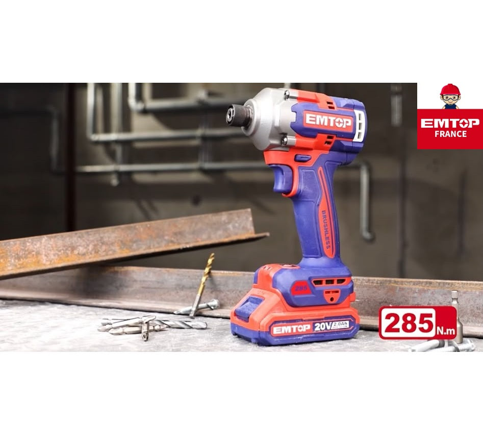 Coffret visseuse à chocs sans fil 20 V Brushless – 285 Nm – 2 batteries 2,0 Ah + chargeur – EMTOP