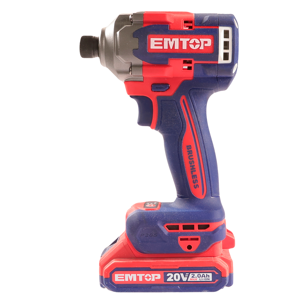 Coffret visseuse à chocs Brushless 285 Nm Sans Fil 20V EMTOP – Porte-embout 1/4", 2 Batteries 2.0Ah + Chargeur
