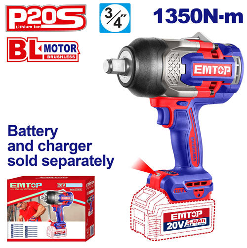 Boulonneuse à chocs compacte 1350Nm sans fil 20V EMTOP – Brushless, Carré 3/4", Batterie et chargeur vendus séparément