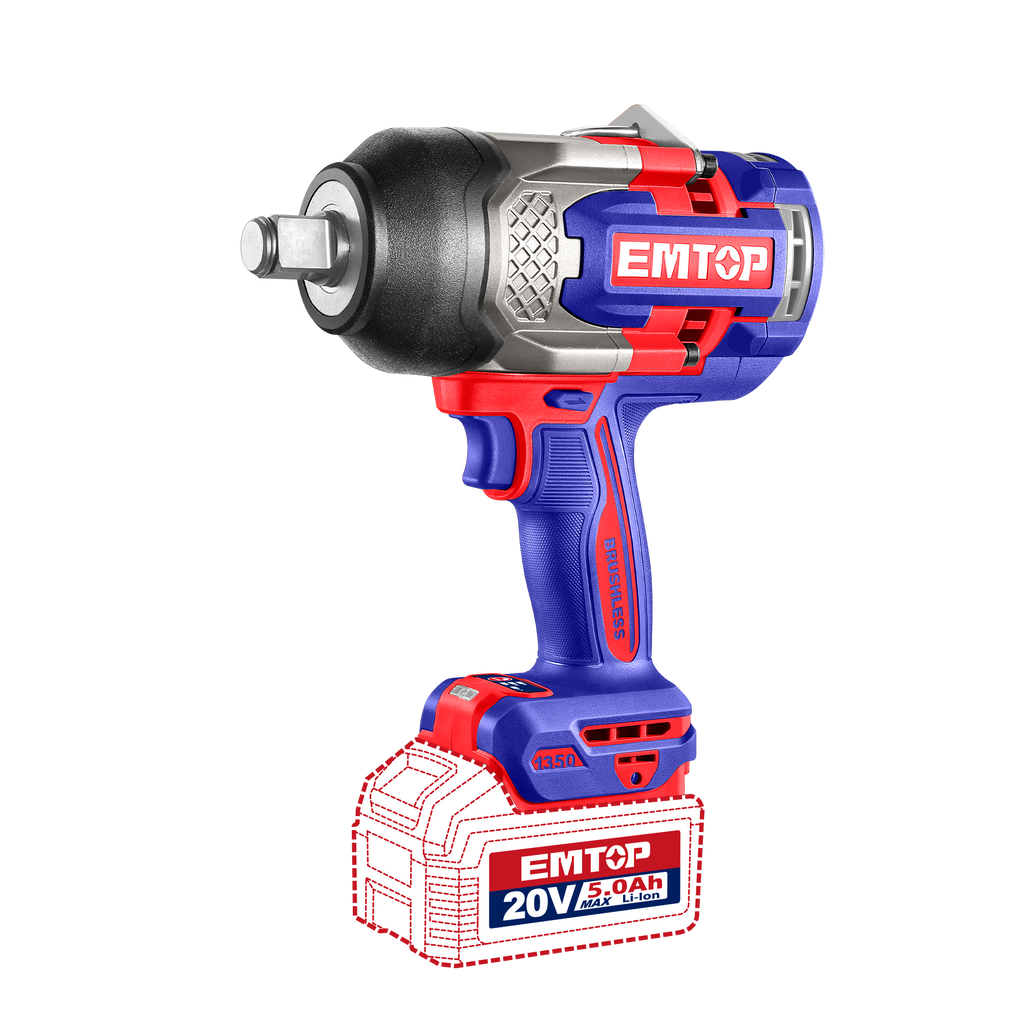 Boulonneuse à chocs compacte sans fil 20 V Brushless – 1 350 Nm – Carré 3/4" – EMTOP – Batterie et chargeur vendus séparément