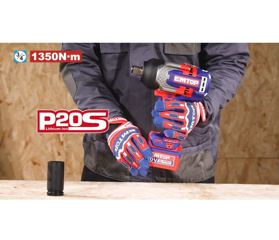 Boulonneuse à chocs compacte 1350Nm sans fil 20V EMTOP – Brushless, Carré 3/4", Batterie et chargeur vendus séparément