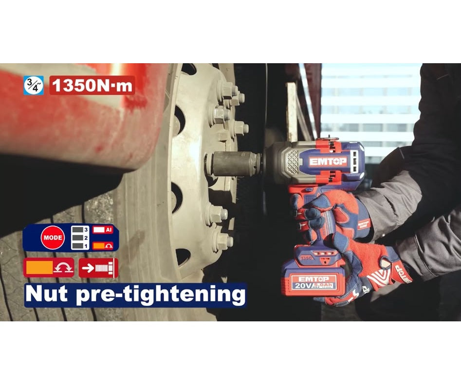 Boulonneuse à chocs compacte 1350Nm sans fil 20V EMTOP – Brushless, Carré 3/4", Batterie et chargeur vendus séparément