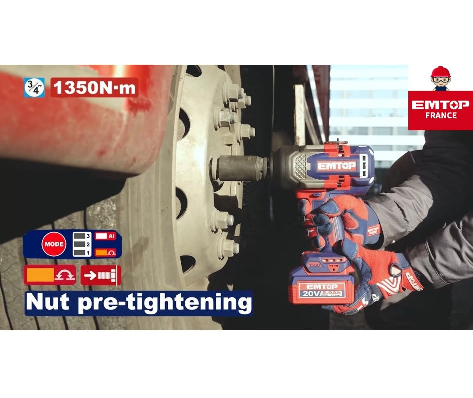 Boulonneuse à chocs compacte sans fil 20 V Brushless – 1 350 Nm – Carré 3/4" – EMTOP – Batterie et chargeur vendus séparément