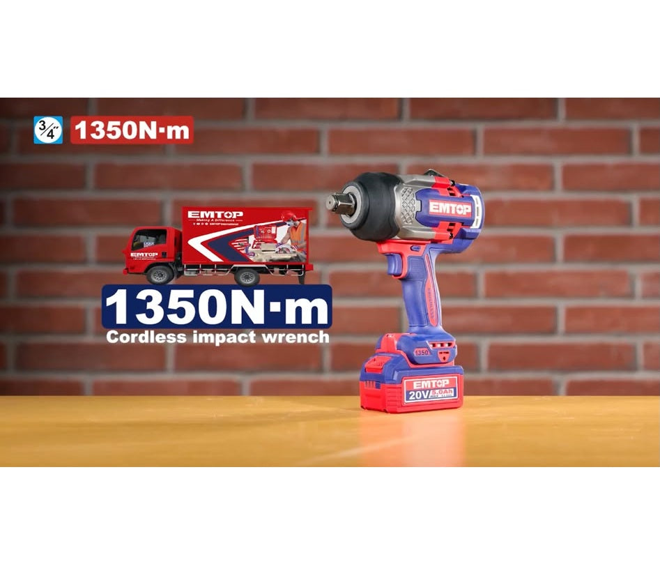 Boulonneuse à chocs compacte 1350Nm sans fil 20V EMTOP – Brushless, Carré 3/4", Batterie et chargeur vendus séparément