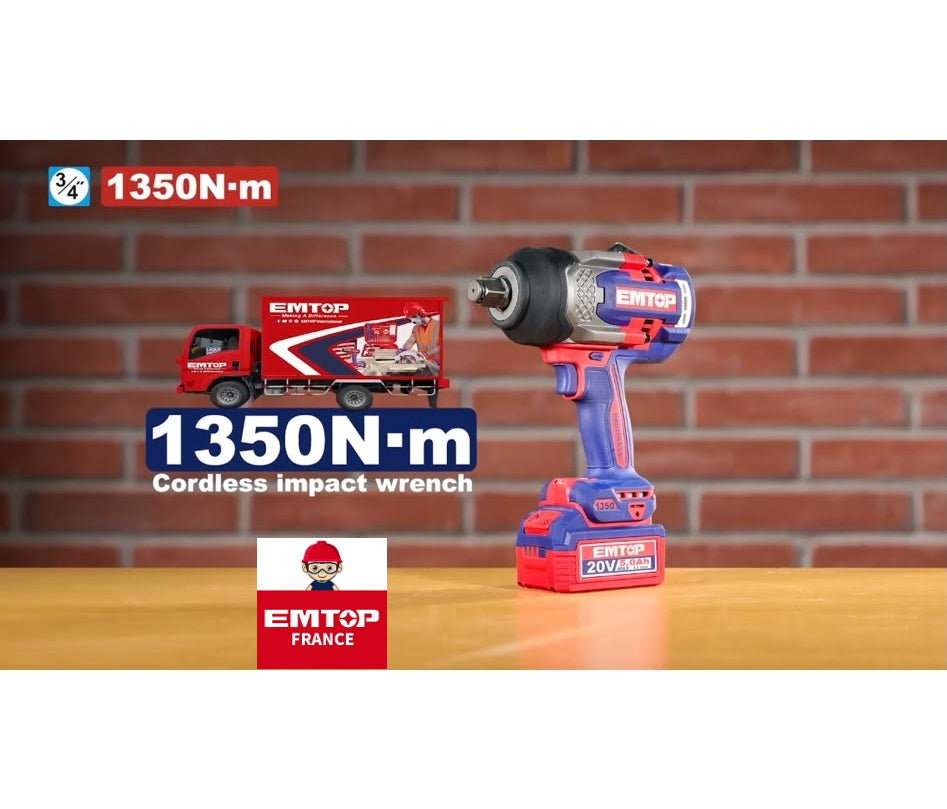 Boulonneuse à chocs compacte sans fil 20 V Brushless – 1 350 Nm – Carré 3/4" – EMTOP – Batterie et chargeur vendus séparément