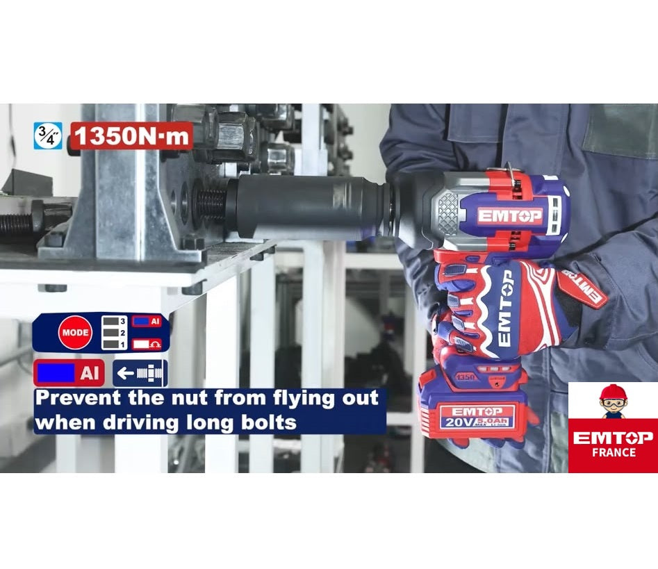 Boulonneuse à chocs compacte sans fil 20 V Brushless – 1 350 Nm – Carré 3/4" – EMTOP – Batterie et chargeur vendus séparément